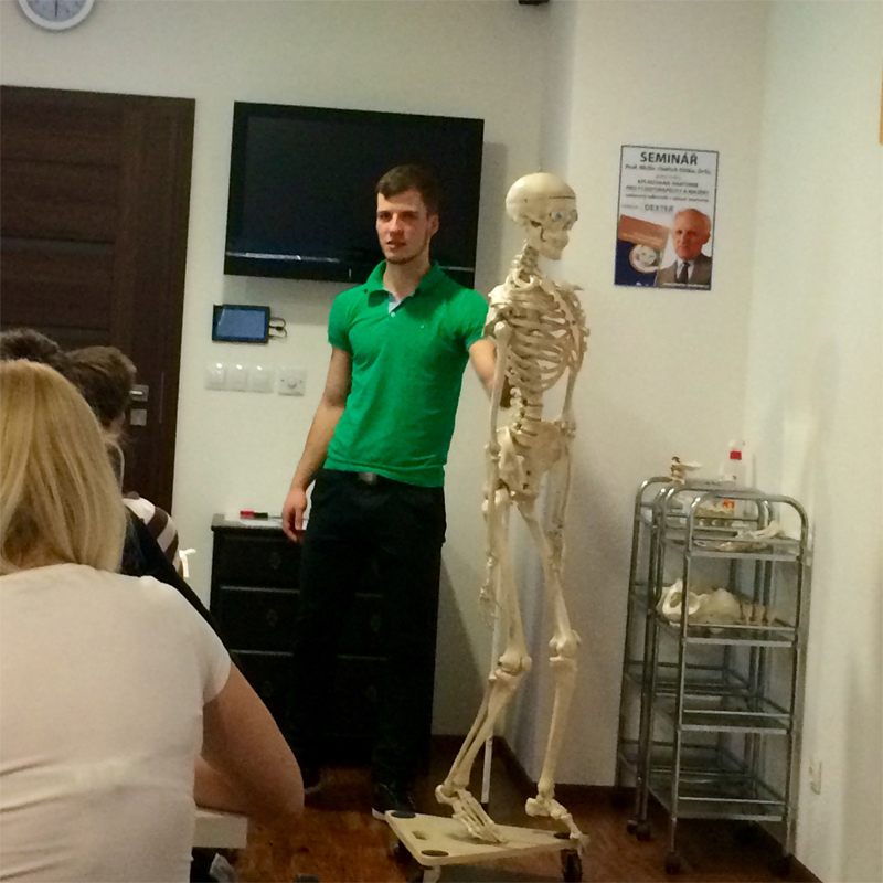 Lektor trenérského kurzu ukazuje v učebně Dexter Academy kosti na kostlivci